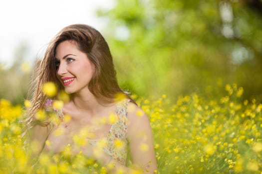 portrait of a beautiful young girl among yellow flowers in the nature