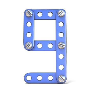 Blue metal constructor toy Number 9 NINE 3D render illustration isolated on white background