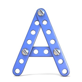 Alphabet made of blue metal constructor toy Letter A 3D render illustration isolated on white background