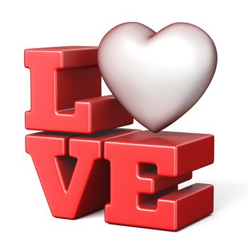 Word LOVE with red heart 3D render illustration isolated on white background
