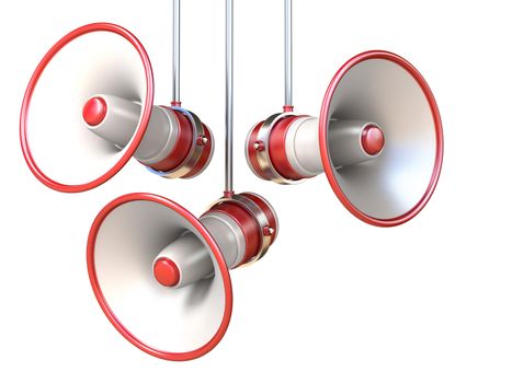 Three red and white megaphones 3D render illustration isolated on white background