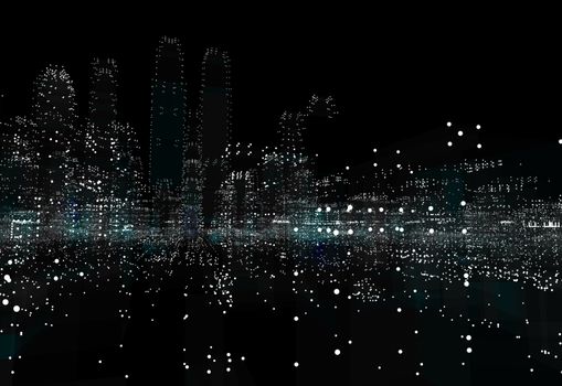 Illuminated night city skyline on black background. 3d illustration