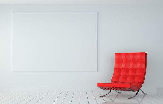 Mock up Blank Poster on the Wall of Living Room, 3D illustration. Red Armchair on Wooden White Floor