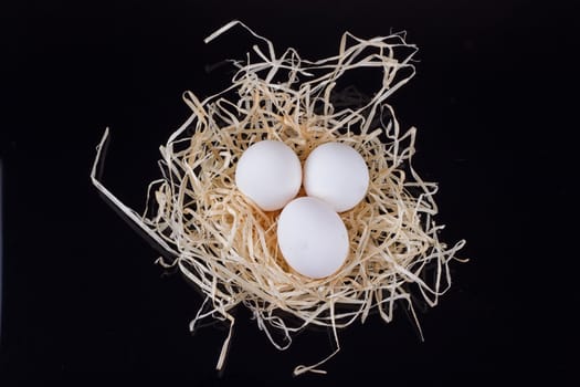 Three chicken eggs in the nest like On a black background