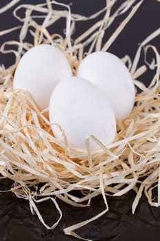 Three chicken eggs in the nest like On a black background