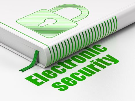 Security concept: closed book with Green Closed Padlock icon and text Electronic Security on floor, white background, 3D rendering