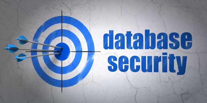 Success safety concept: arrows hitting the center of target, Blue Database Security on wall background, 3D rendering
