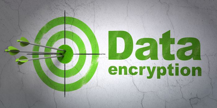 Success privacy concept: arrows hitting the center of target, Green Data Encryption on wall background, 3D rendering