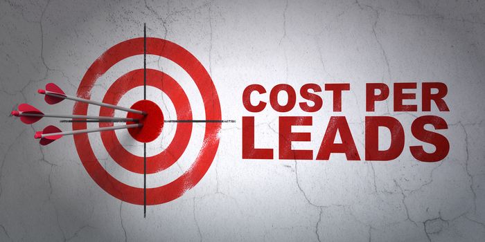 Success finance concept: arrows hitting the center of target, Red Cost Per Leads on wall background, 3D rendering