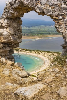 View of Voidokilia beach and Divari lagoon in the Peloponnese region of Greece, from the Palaiokastro (old Navarino Castle).