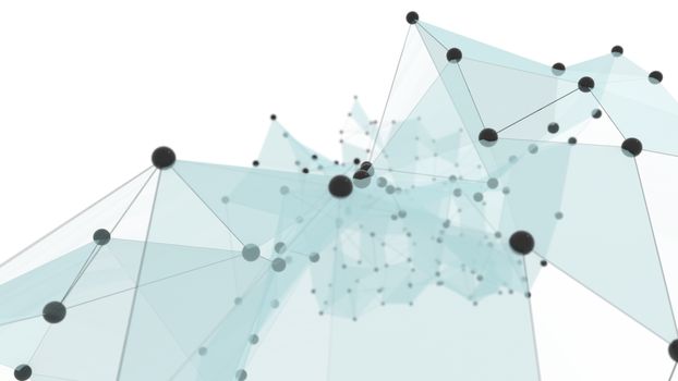 Concept of Network, Internet Communication. The black points are connected by lines and blue transparent triangles. 3D Illustration