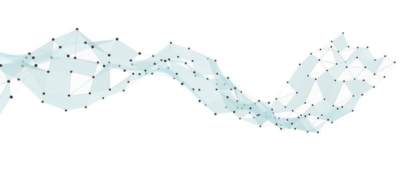 Concept of Network, Internet Communication. The black points are connected by lines and blue transparent triangles. 3D Illustration