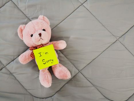 "I'm sorry" on post it with teddy doll on bed