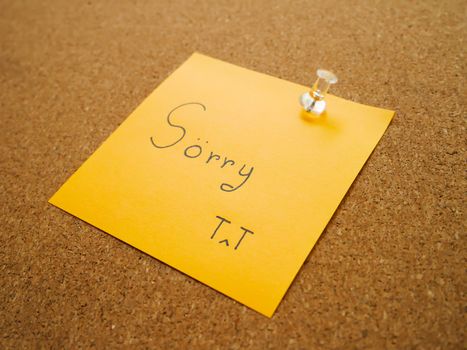 Text sorry and crying face in orange post note attach by pin on wood board with selective focus