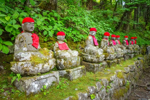 Narabi Jizo statues landmark in Kanmangafuchi abyss, Nikko, Japan