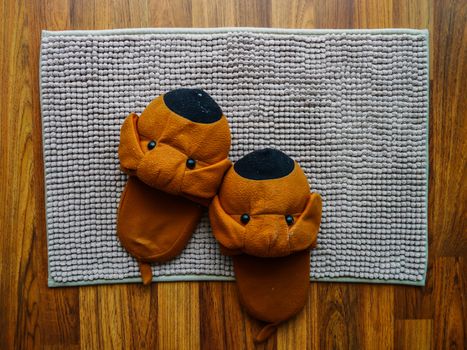 Brown dog slipper on carpet on top view