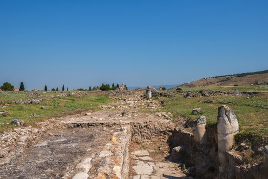 Photo of ancient city Hierapolis, near modern turkey city Denizli, Turkey