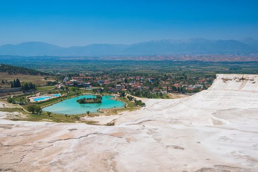 Panoramic view of Pammukale near modern city Denizli, Turkey. One of famous tourists place in Turkey.
