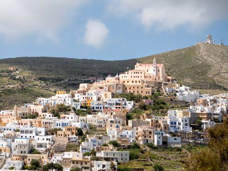 View of Syros town with beautiful buildings and houses  in a sunny day