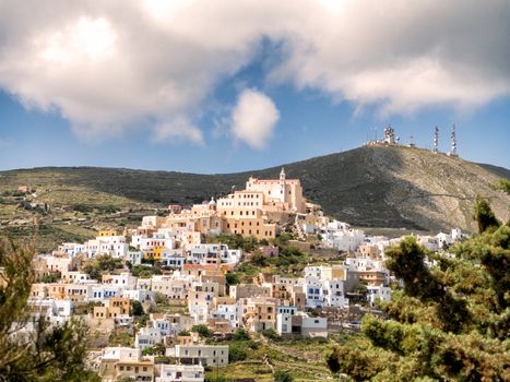 View of Syros town with beautiful buildings and houses  in a sunny day