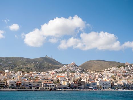 SYROS, GREECE - APRIL 10, 2016:View of Syros town with beautiful buildings and houses in a sunny day