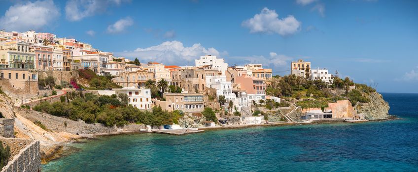 View of Syros town with beautiful buildings and houses in a sunny day