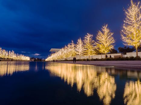 Athens, Greece - January 1,2017: Foundation of Stavros Niarchos culture center decorated with lights late in the afternoon 
