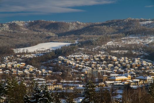 The village Tryavna in winter. Sunset