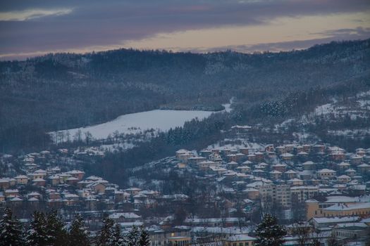 The village Tryavna in winter. Sunset