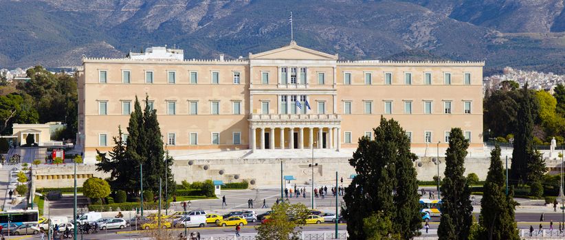 ATHENS, GREECE - FEBRUARY 13, 2014:Traffic jam in front of the Greek parliament and syntagma square in Athens, Greece 