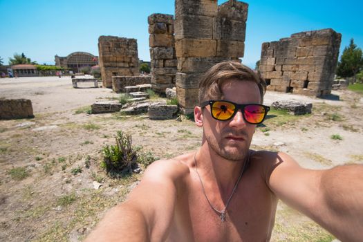 Selfie photo near of ancient city Hierapolis, Turkey