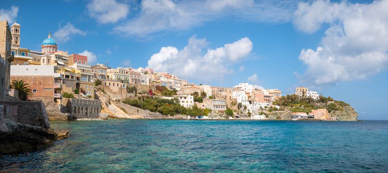 View of Syros town with beautiful buildings and houses in a sunny day