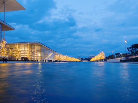 Athens, Greece - January 6,2017: Foundation of Stavros Niarchos culture center decorated with lights late in the afternoon 