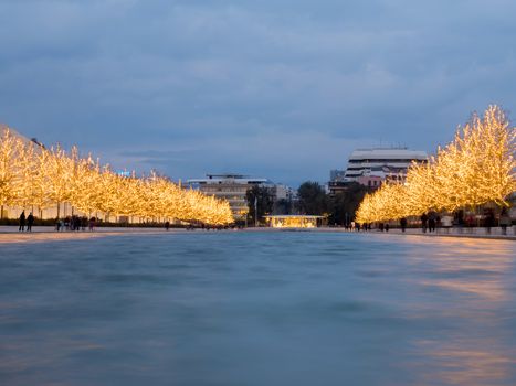 Athens, Greece - January 6,2017: Foundation of Stavros Niarchos culture center decorated with lights late in the afternoon 