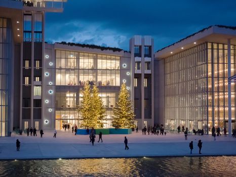 Athens, Greece - January 6,2017: Foundation of Stavros Niarchos culture center decorated with lights late in the afternoon 