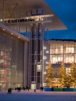 Athens, Greece - January 6,2017: Foundation of Stavros Niarchos culture center decorated with lights late in the afternoon 