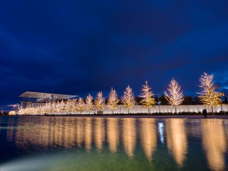 Athens, Greece - January 6,2017: Foundation of Stavros Niarchos culture center decorated with lights late in the afternoon 