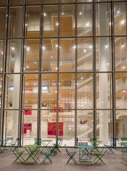 Athens, Greece - January 6,2017: Foundation of Stavros Niarchos culture center decorated with lights late in the afternoon 