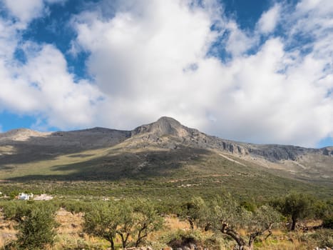 Landscape of mountain with clouds in Mani region in Laconia Peloponnese,Greece