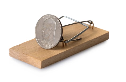 mousetrap with dollar coin on white isolated background
