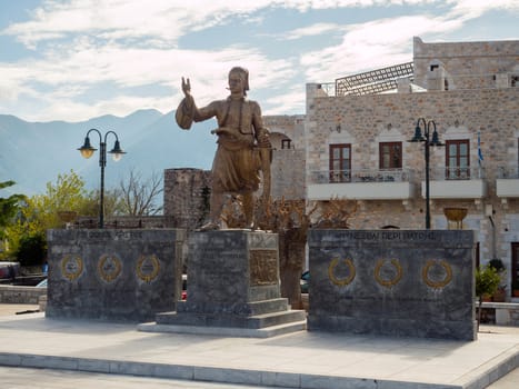 AEROPOLIS, GREECE - NOVEMBER 19, 2017: Historic landmark with statue in the main square of the village Aeropoli,
Mani, Peloponnese, Greece