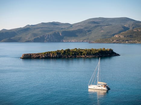 Sail boat in a cove of Mani region in Laconia Peloponnese,Greece