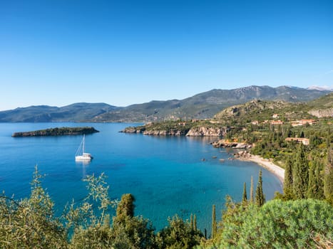 Sail boat in a cove of Mani region in Laconia Peloponnese,Greece