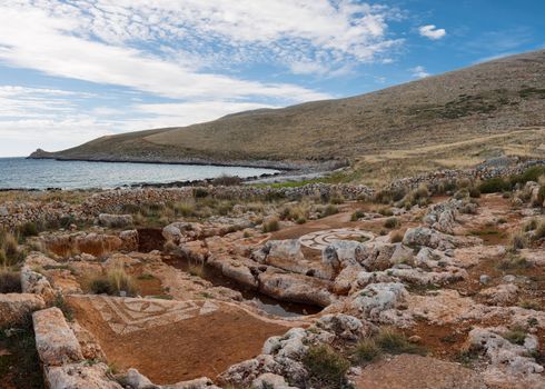 Ruins with mosaic in cape Matapas or Tainaron in Mani, Laconia, Peloponnese, Greece