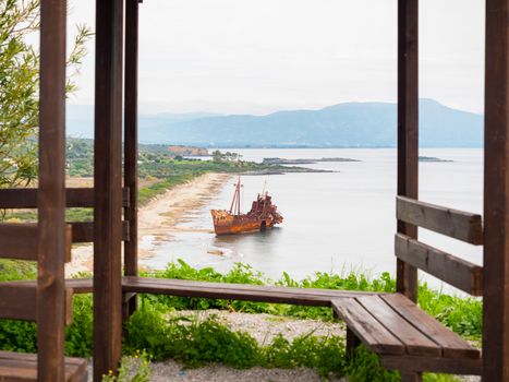 Old rusty shipwreck Agios Dimitrios on the beach in Githeio,Peloponnese, Greece