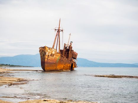 Old rusty shipwreck Agios Dimitrios on the beach in Githeio,Peloponnese, Greece