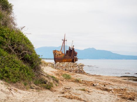 Old rusty shipwreck Agios Dimitrios on the beach in Githeio,Peloponnese, Greece