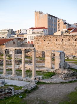 Ruins of the ancient Roman market in the historic center of Athens city in Greece
