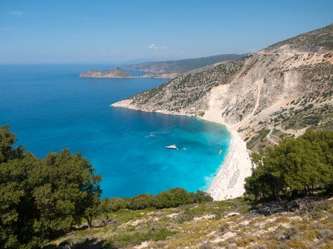 Myrtos beach panoramic view from above in Kefalonia island, Greece