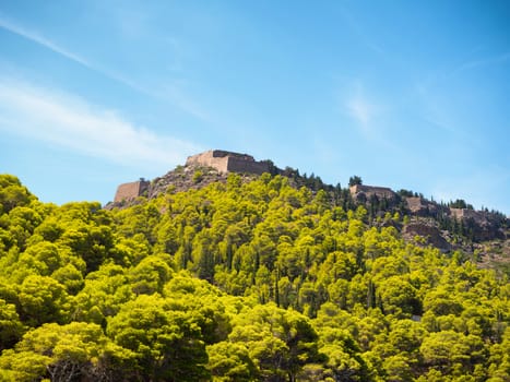 Old fort on top of the  green hill in Assos village in Kefalonia, Ionian Islands, Greece